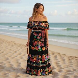 S-3XL MAXI Bamba Black or Boho Blanco dress resort florals or beach ombré whimsy